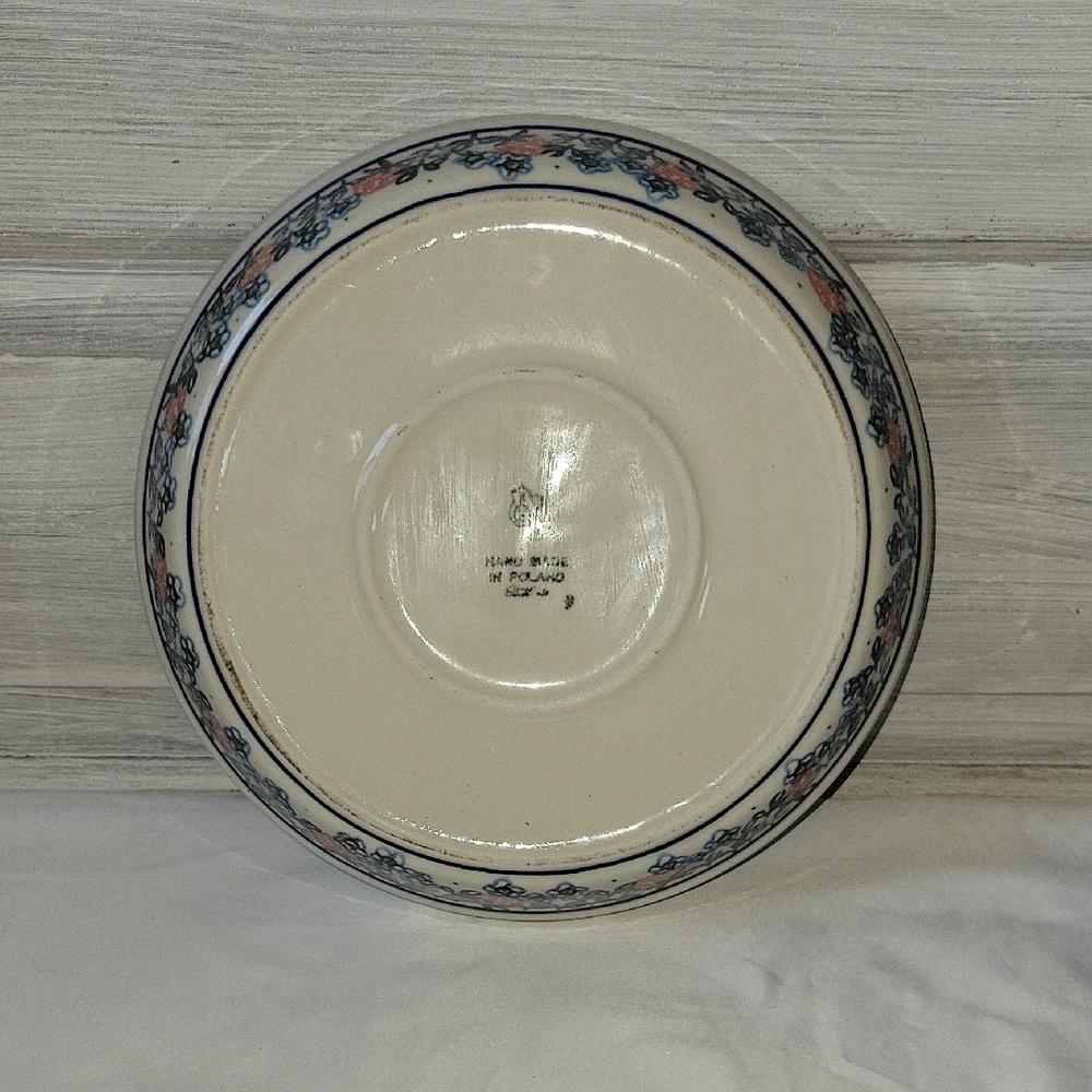 Polish Pottery Floral Blue and Cream Ceramic Bowl With Strawberries - Picture 4 of 13